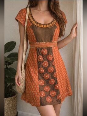Pankaj & Nidhi Embroidered Boho Orange Beaded Floral Ethnic Designer Mini Dress